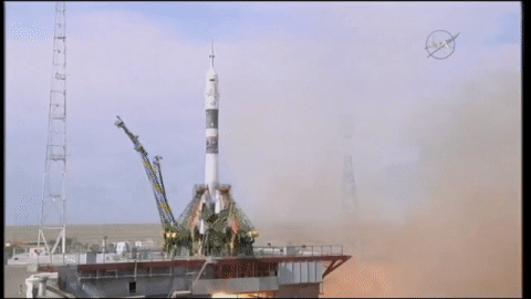 Animated GIF of the Soyuz MS-09 rocket launching with Expedition 56 crew aboard