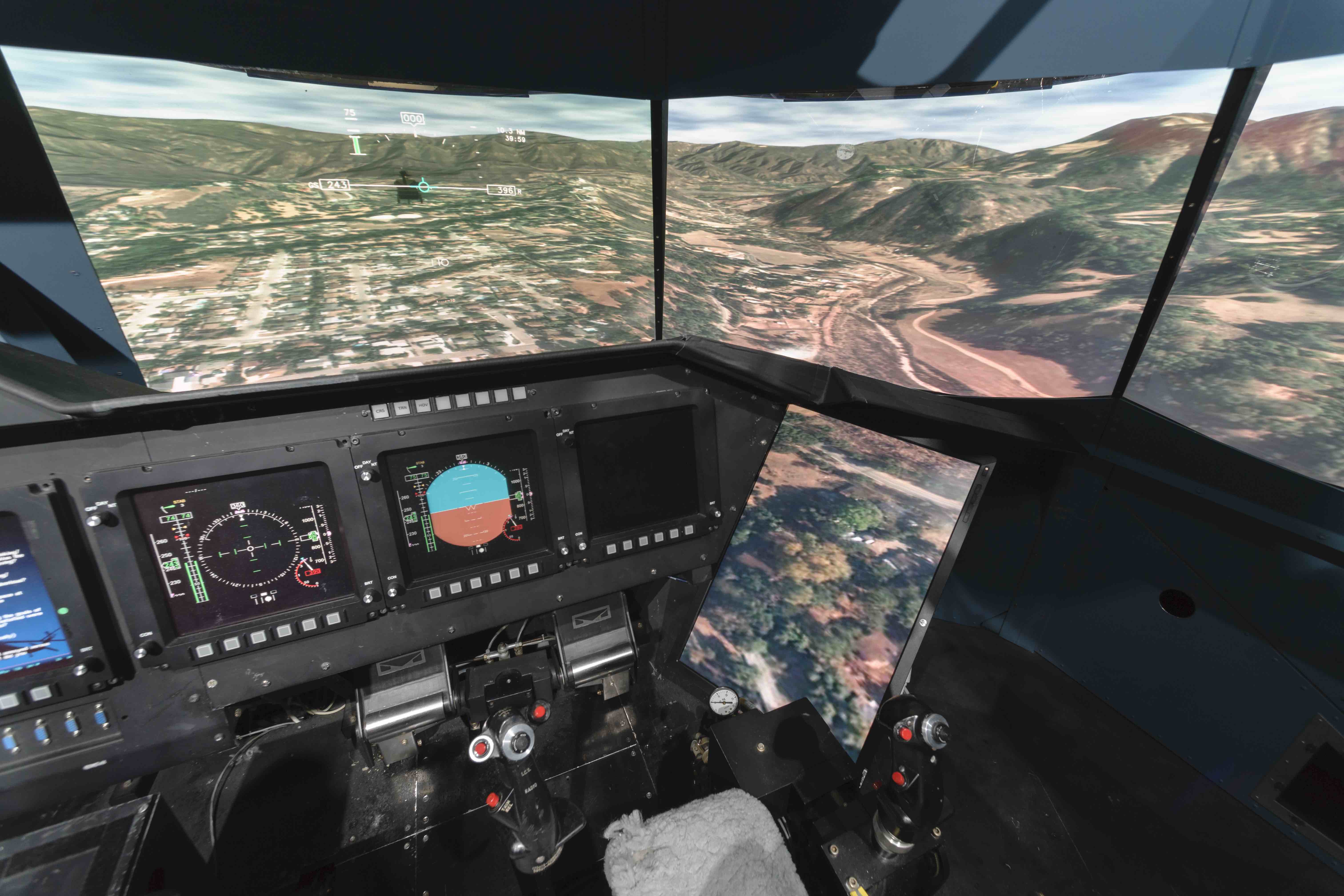 Out-the-window view of rotorcraft simulated on the Vertical Motion Simulator. Includes view of avionics.