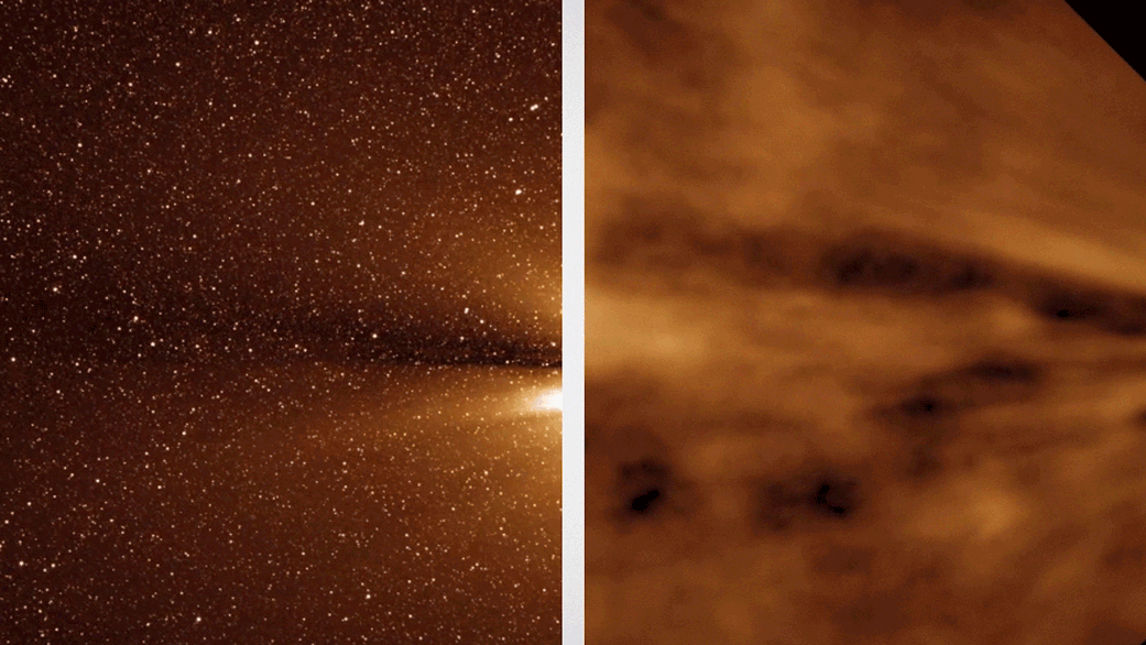 animation showing views of the solar wind before (left) and after (right) computer processing