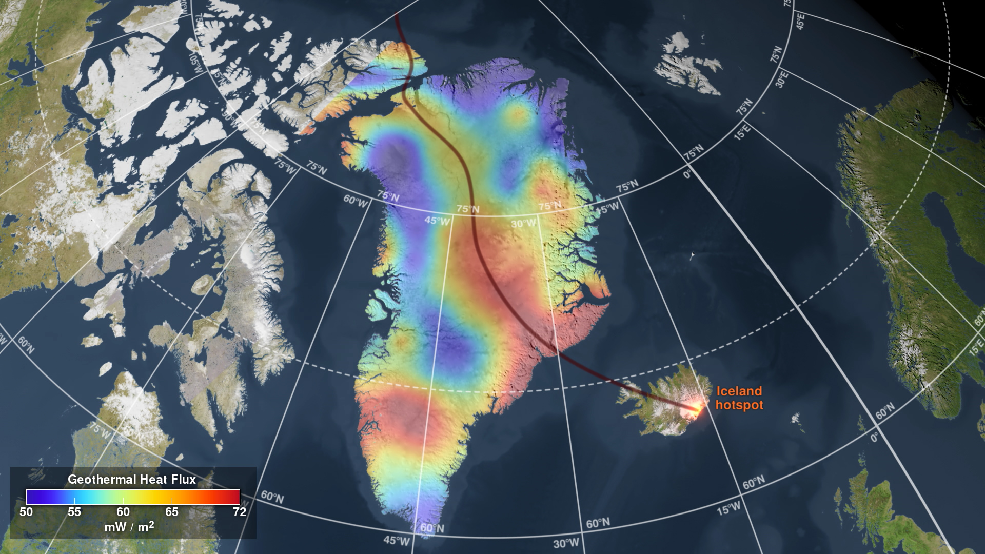 Map of geothermal heat under Greenland.