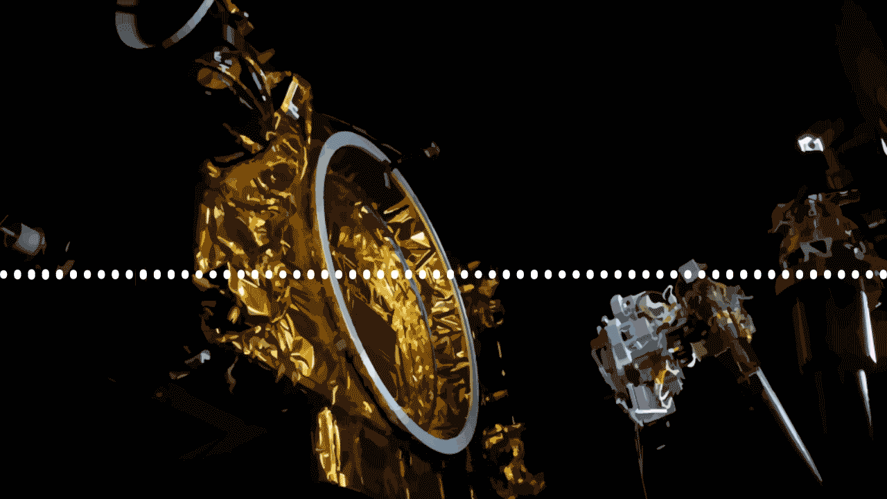 An animation of white soundwaves fluctuating in front of a still graphic of a large robot. The robot is a large gold box shape with a circular, silver connector on the front. Other equipment is visible behind the robot, in front of a black background.