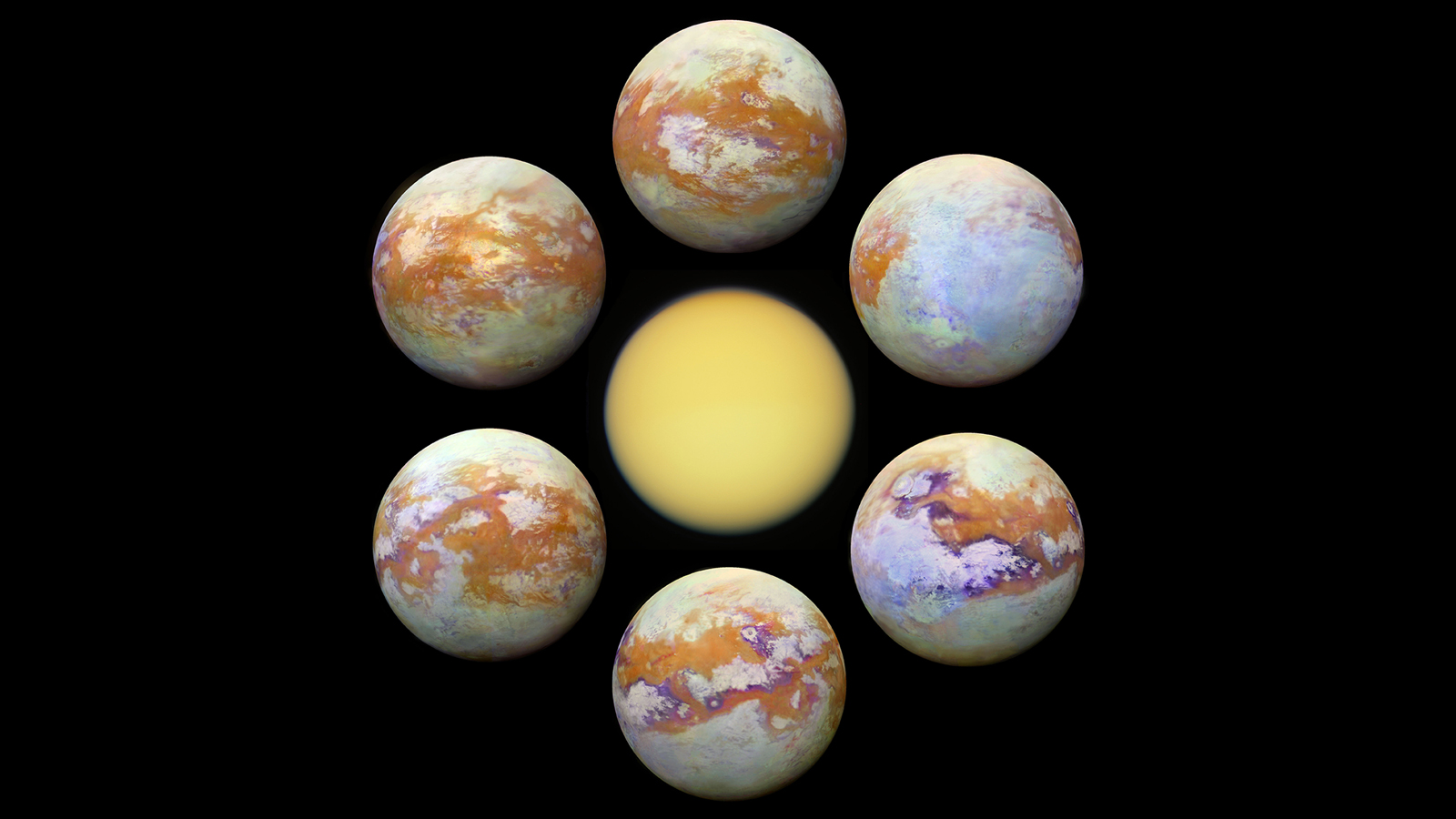 Six infrared images and one visible light image of Titan