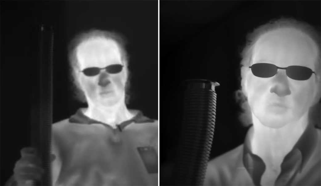 two black and white infrared photos of a man wearing sunglasses in the dark. The image on the right is more clear and shows more detail.  