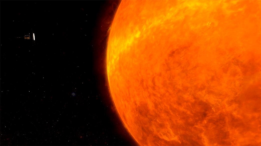 An animation of NASA's Parker Solar Probe swinging by the Sun, with its sunshield consistently facing the Sun and protecting the spacecraft. Parker appears like a spiky gold instrument with a flat sunshield at the bottom, facing the Sun. The Sun appears like a massive, glowing, swirling orange ball.