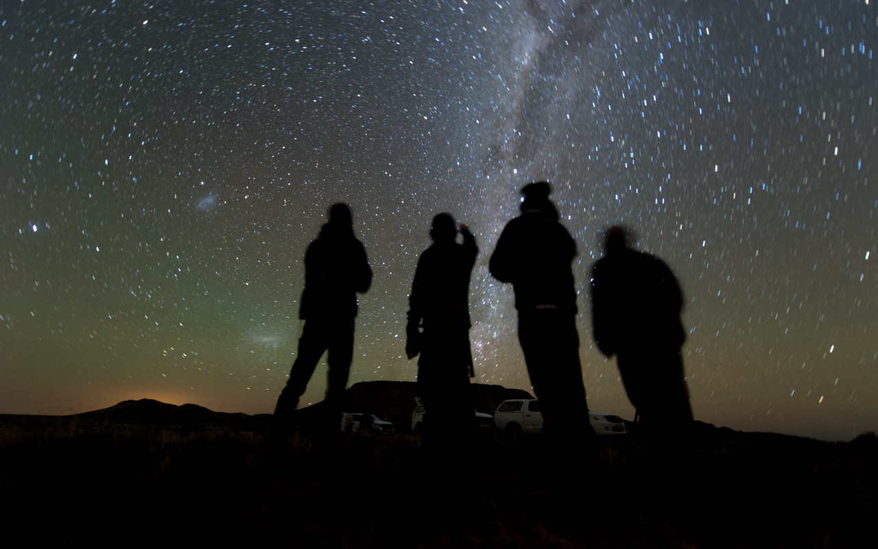 Four members of the observation team scan the sky while waiting for the start of the 2014 MU69 occultation, in the early morning