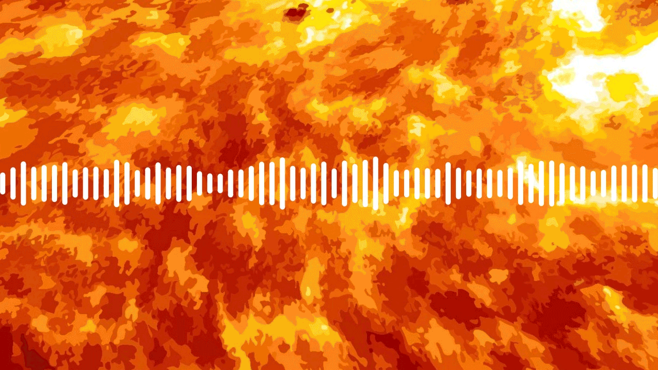 An animation of white sound waves pulsing over a graphic of the Sun's surface, depicted as bright red, orange and yellow swirls.