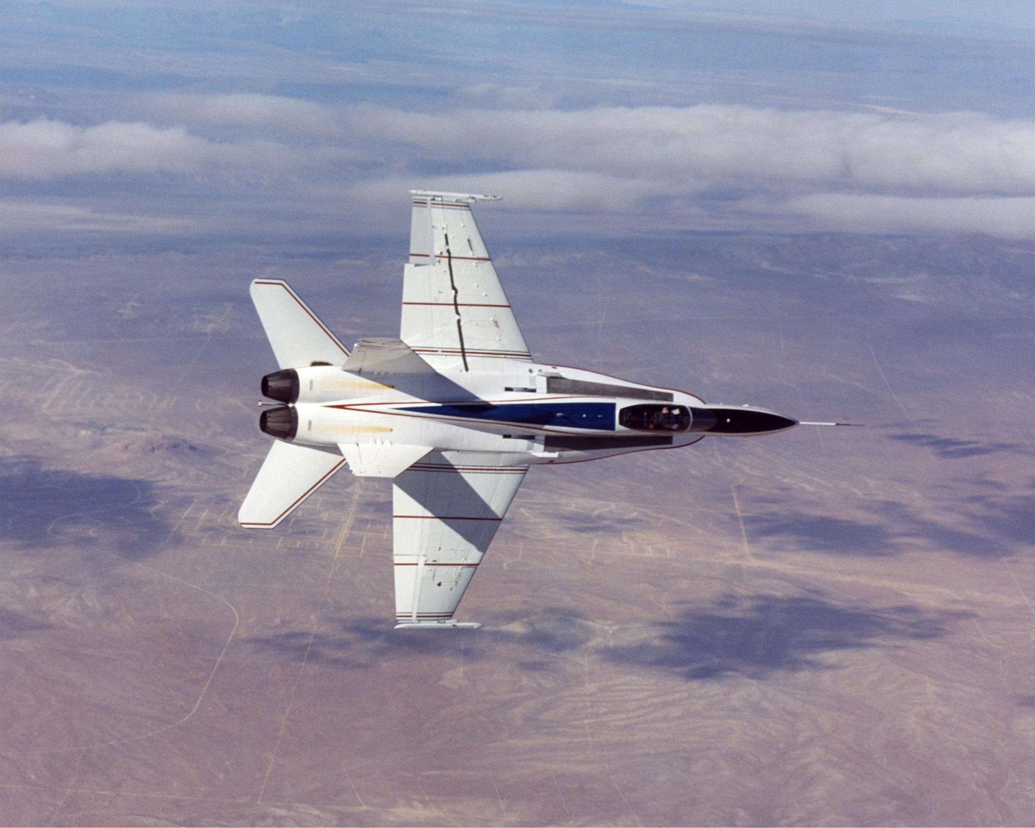 A top view of the F/A-18A aircraft during flight.