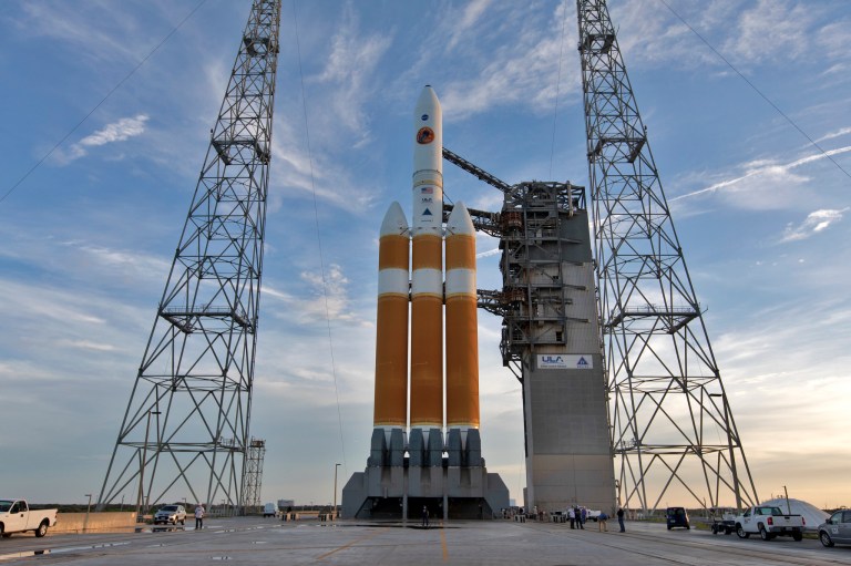 The United Launch Alliance Delta IV Heavy rocket stands ready to boost NASA's Parker Solar Probe on a mission to study the Sun