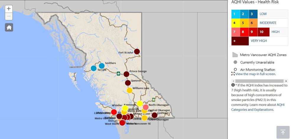 Air quality index for British Columbia on August 22, 2018.