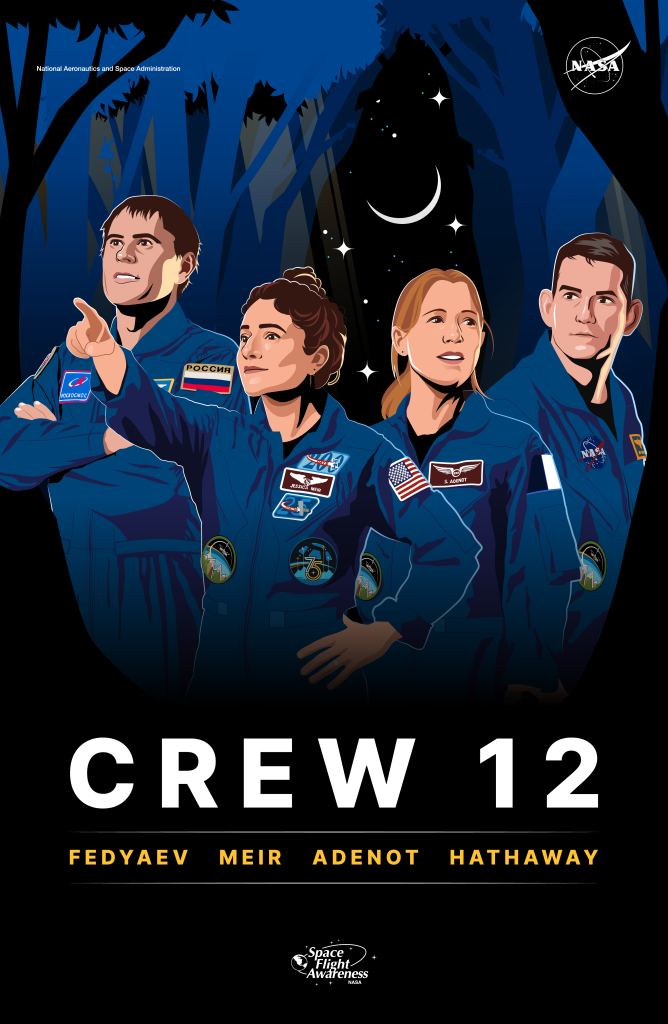 Illustrated versions of NASA's SpaceX Crew-12 members explore a dark, enchanted forest. Bright stars shine in the background, illuminating trees with fresh buds emerging. NASA astronaut and Commander Jessican Meir leads the group with a hand outstretched, pointing to something in the distance. On the far left is Roscosmos cosmonaut and Mission Specialist Andrey Fedyaev, followed by Meir, ESA (European Space Agency) astronaut and Mission Specialist Sophie Adenot, and NASA astronaut and Pilot Jack Hathaway on the far right. Text at the bottom of the poster reads: CREW 12.