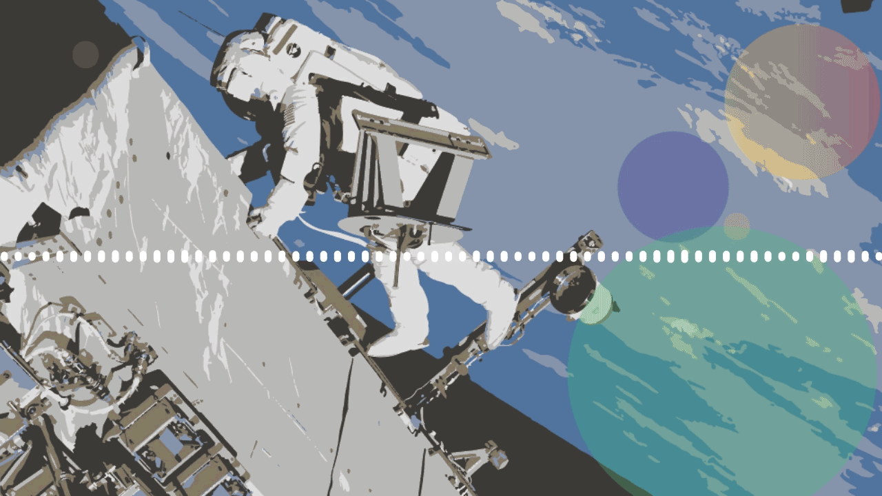 An animated GIF with a stylized illustration of an astronaut on a spacewalk near the International Space Station, with the green and blue of Earth out of focus behind. Over the top of the graphic, a row of vertical white lines pulses as if in response to fluctuating sound waves.