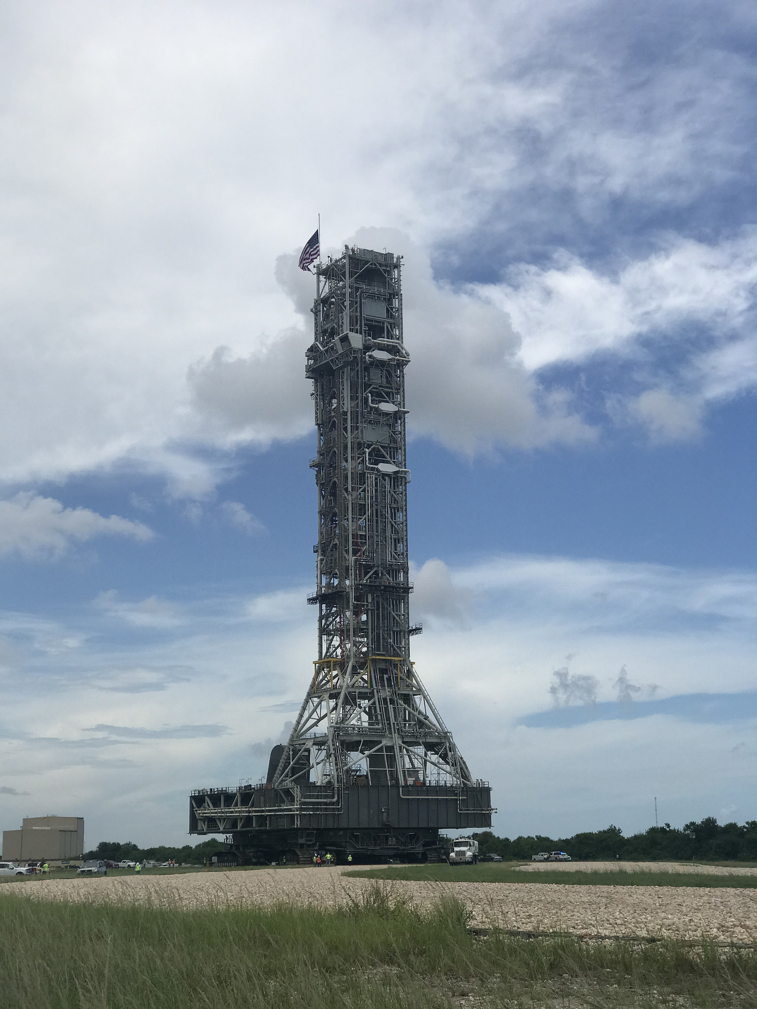NASA's mobile launcher atop crawler-transporter 2 begins its trek to Launch Pad 39B on Aug. 30, 2018, at Kennedy Space Center.