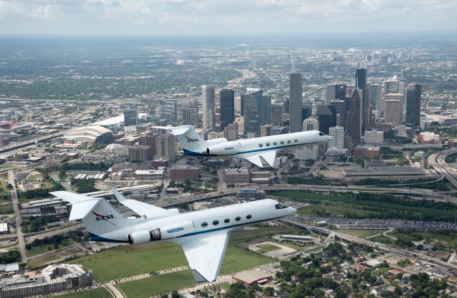 NASA Gulfstream Jets fly over downtown Houston