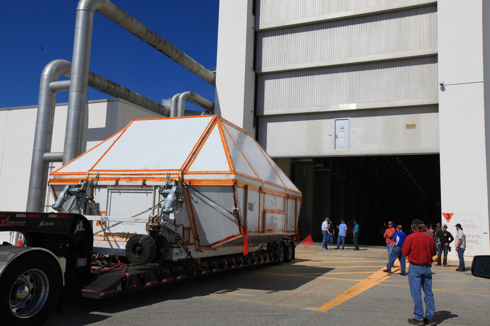 The Orion pressure vessel for EM-2 arrives at Kennedy Space Center in Florida on Aug. 24, 2018.