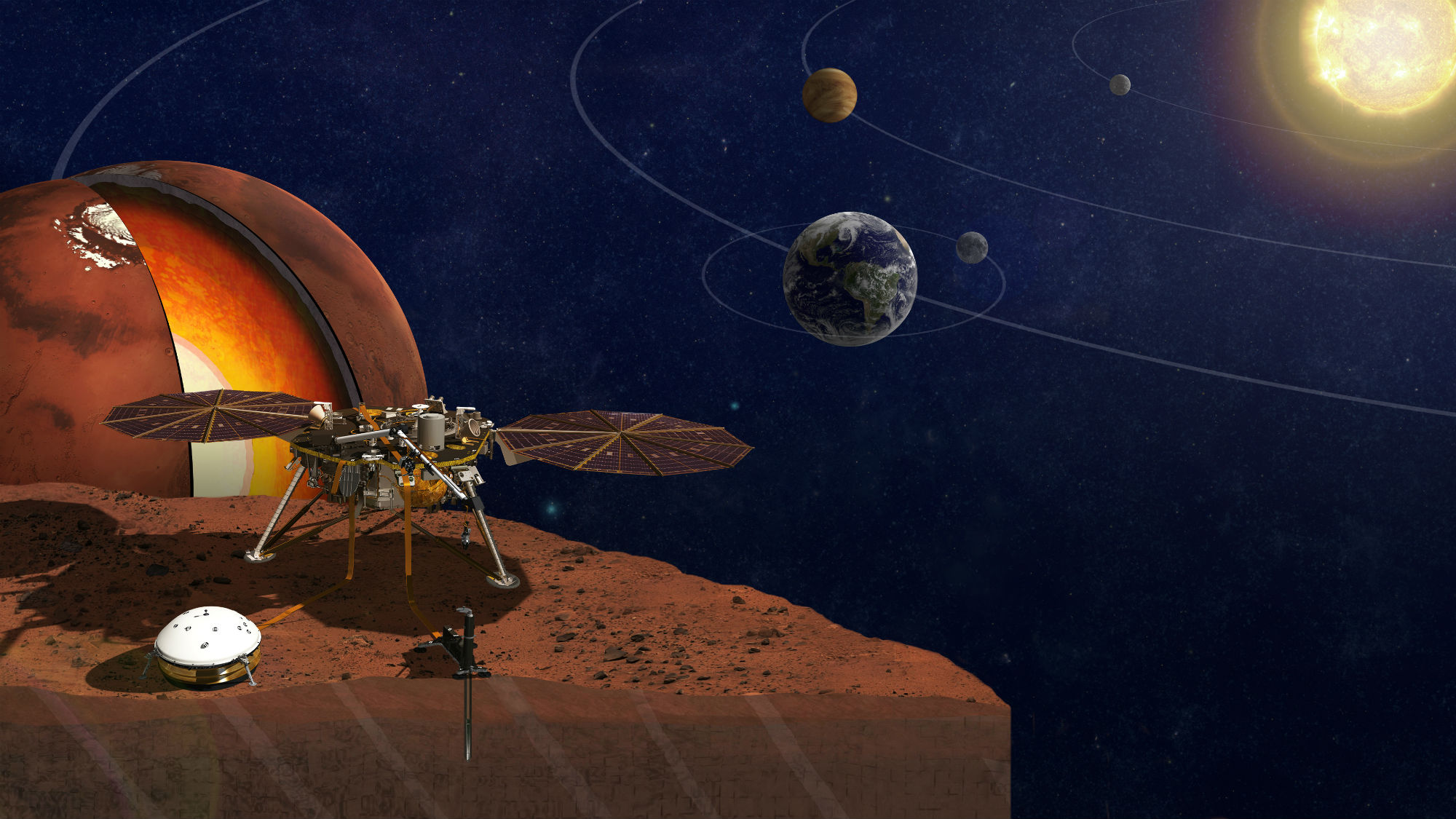 Illustration of NASA's Interior Exploration using Seismic Investigations, Geodesy and Heat Transport (InSight) Mars lander.