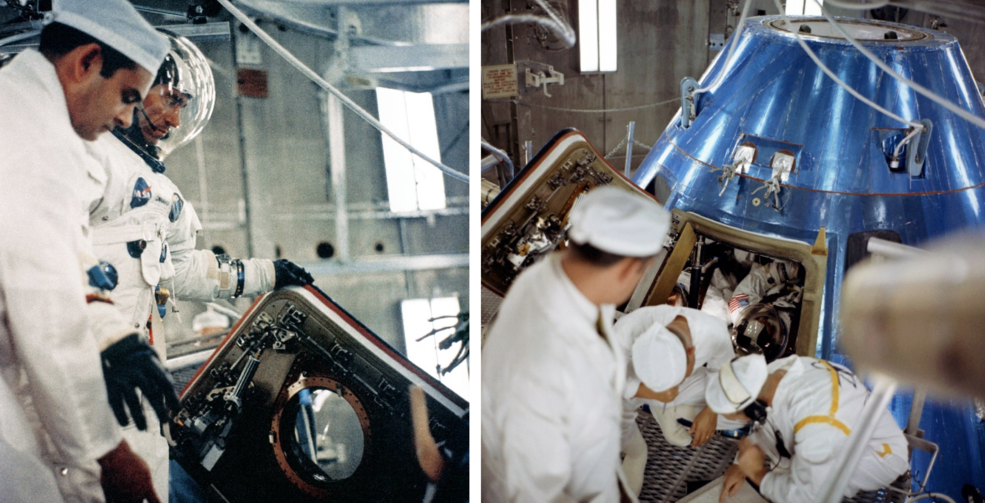 Prime crewmember Cunningham about to enter the Command Module for the altitude test (left). All three crewmembers are in the Command Module for the altitude test (right).