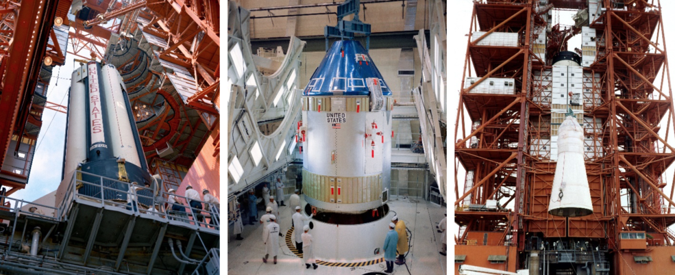First stage of the Saturn IB rocket in place at Launch Pad 34 in April 1968 (left); Apollo 7 CSM being mated to the SLA in the MSOB (middle); Apollo 7 CSM/SLA being lifted onto Saturn IB at Pad 34 (right).