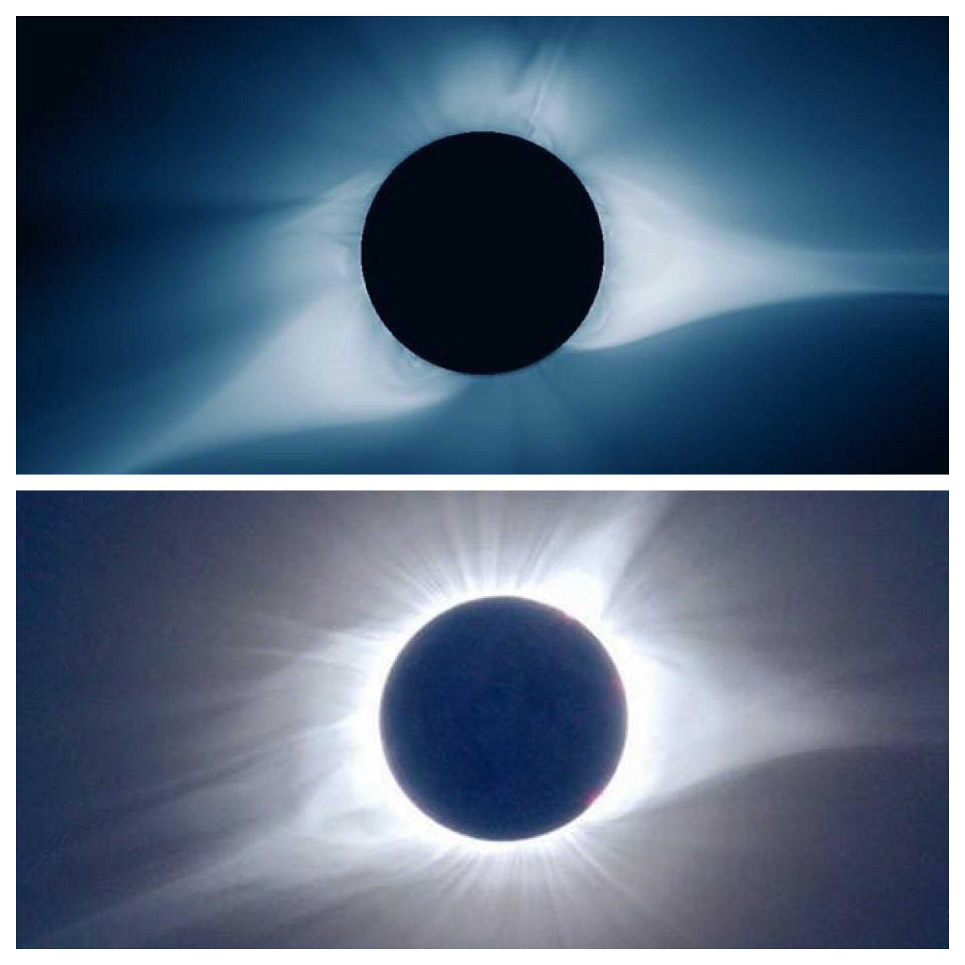 The top picture is a model of what the expected solar flares would look like during the 2017 eclipse and the bottom photo is of 