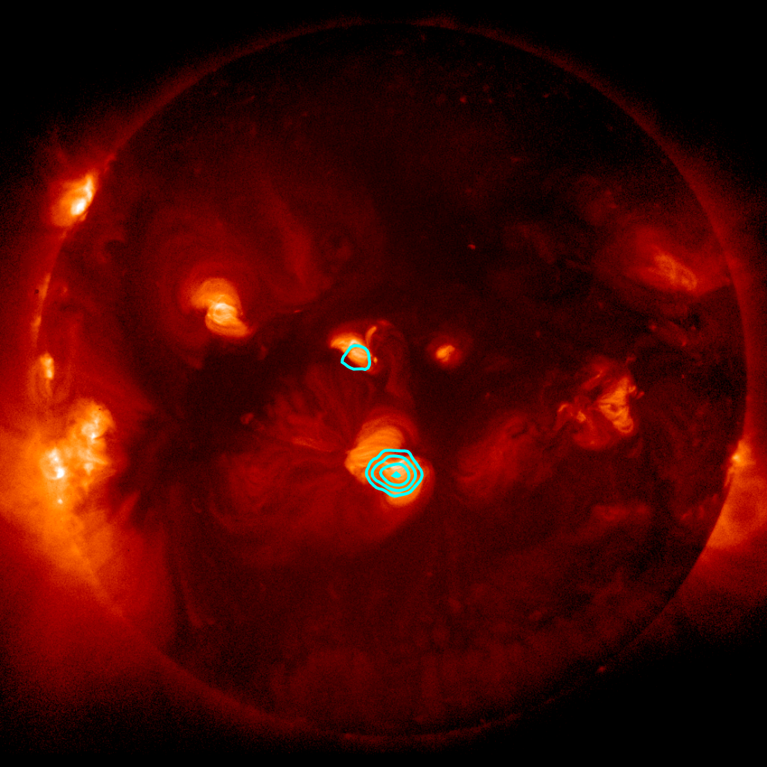 Hinode image of Sun with FOXSI X-ray observations indicated