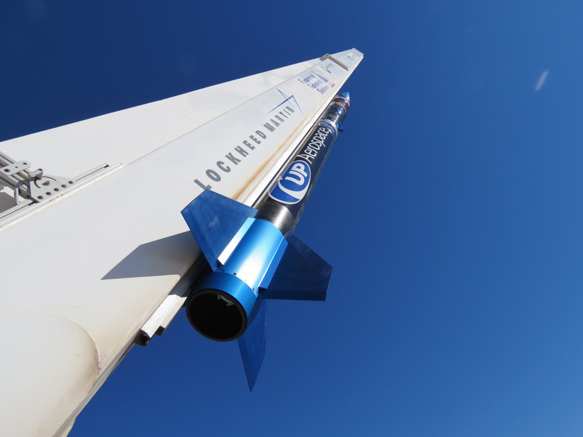 UP Aerospace SpaceLoft rocket is on launch pad at Spaceport America in New Mexico.