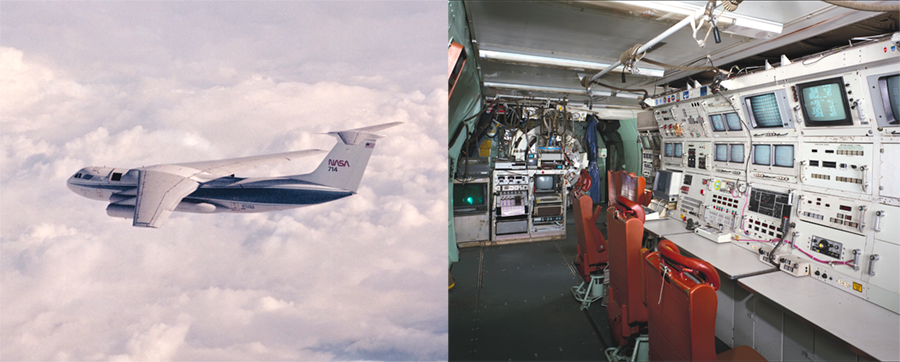 The KAO, a converted C-141 aircraft with a telescope in front of the wing, flying next to an image of the cabin with consoles.
