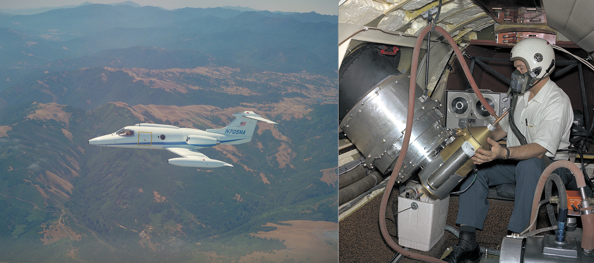 The Learjet with a telescope in front of the wing next to a scientist wearing an oxygen mask and using the telescope.