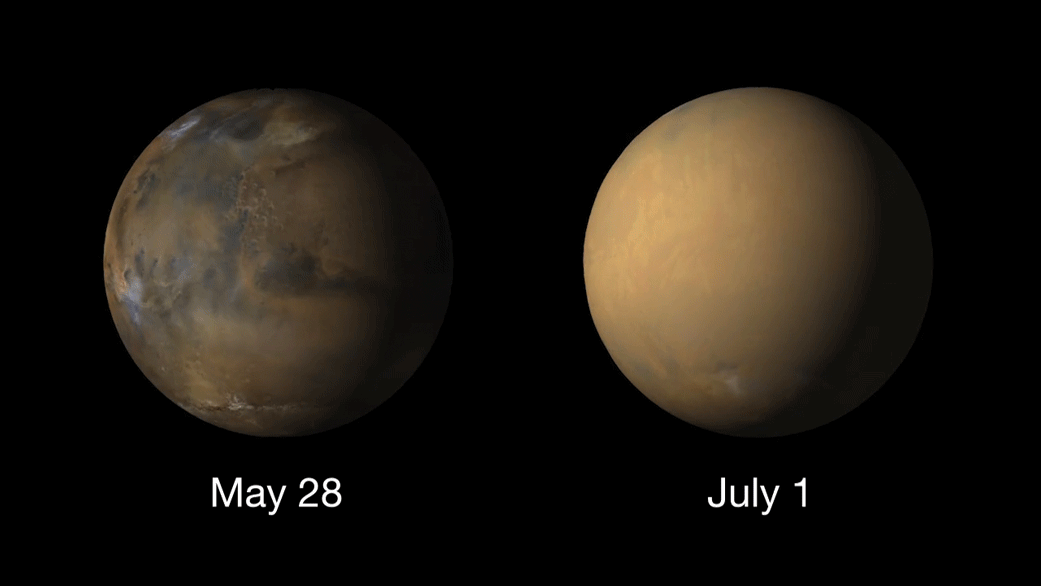 animation showing two views of Mars, one dark, one dusty