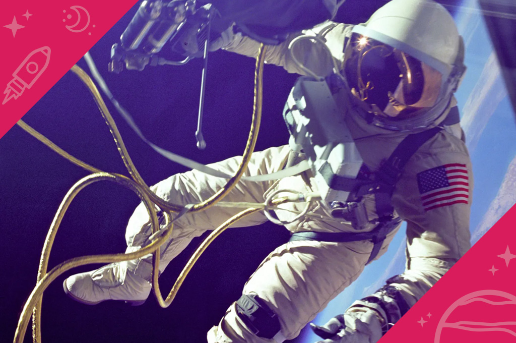 Photo of Ed White floating in space, during the first American spacewalk