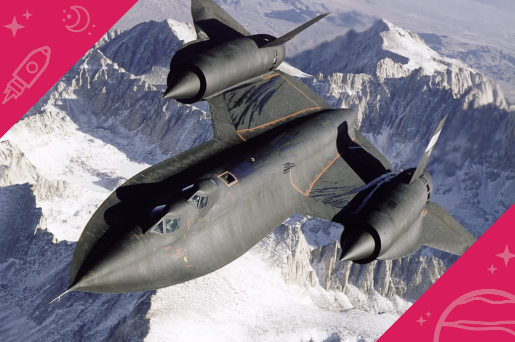 Lockheed SR-71 Blackbird flying over snow-covered mountains