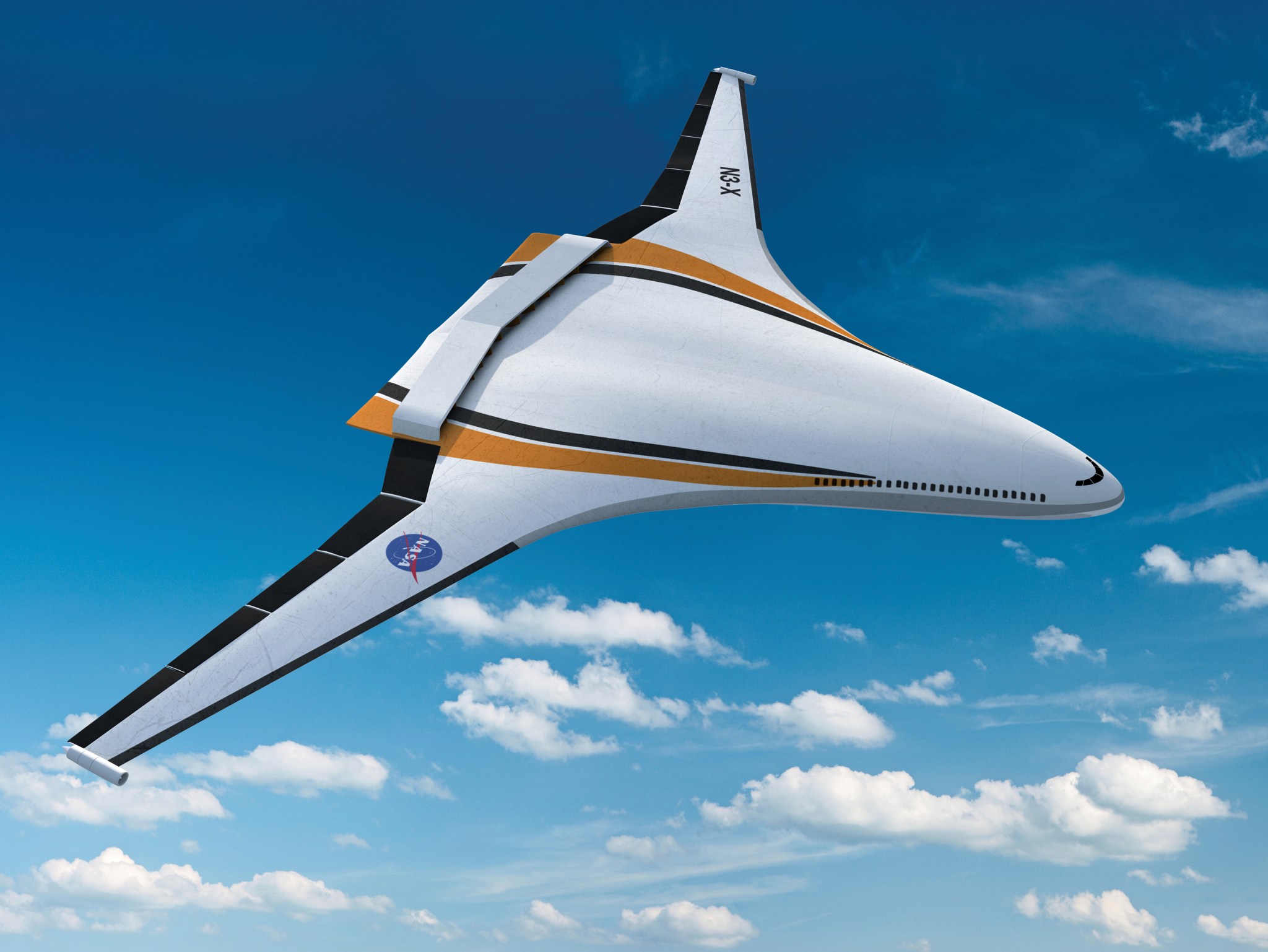 Artist concept of a hybrid wing body in flight.