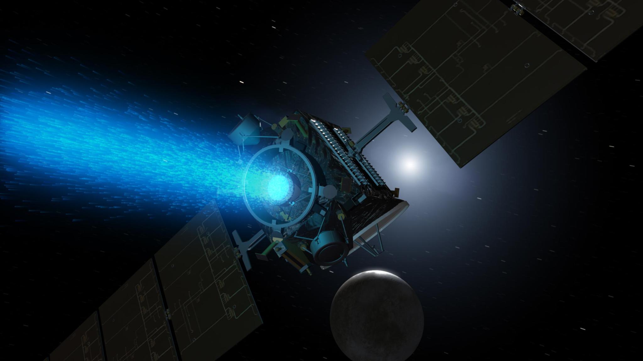 Illustration of NASA's Dawn spacecraft, with its distinctive ion propulsion. 