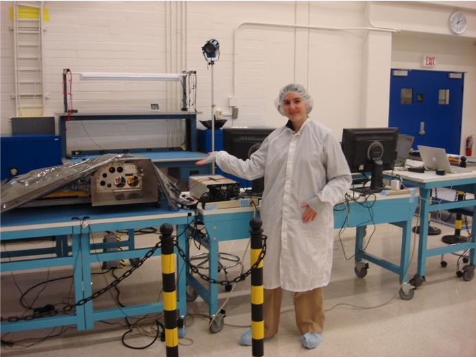 Jennifer Heldman in the high bay at Ames with the LCROSS payload before it flew to the Moon.