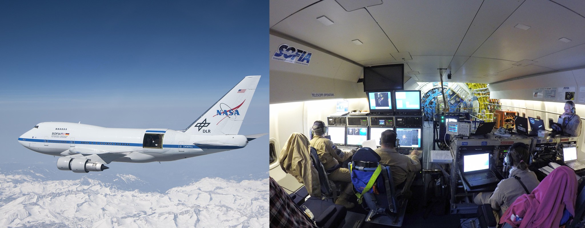 SOFIA flying over snow covered mountains with it's telescope door open next to image of crew working inside the cabin.