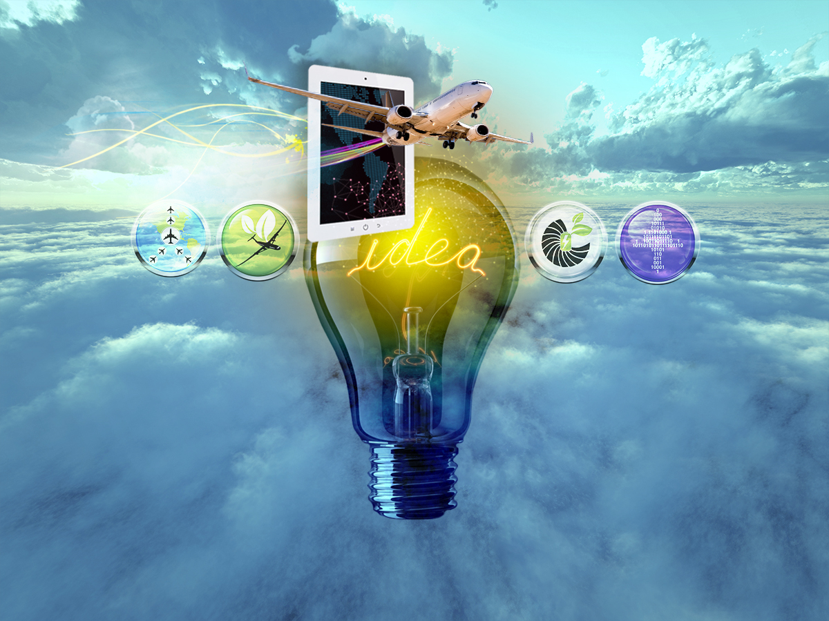 Conceptual art, a sky background with a light bulb front and center, 4 strategic thrusts and an tablet with a plane flying out.