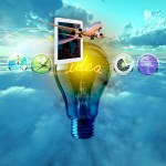 Conceptual art, a sky background with a light bulb front and center, 4 strategic thrusts and an tablet with a plane flying out.