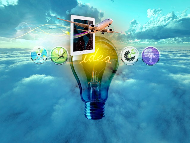 Conceptual art, a sky background with a light bulb front and center, 4 strategic thrusts and an tablet with a plane flying out.