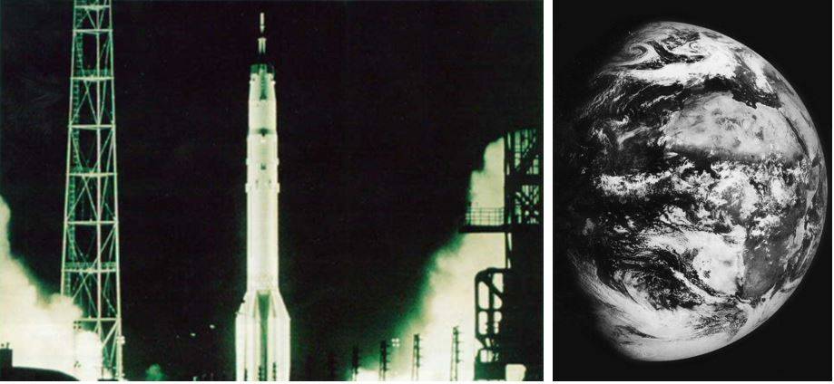 Night launch of Zond 5 from the Baykonur Cosmodrome (left). Zond 5 photographed the Earth from about 90,000 kilometers (right).
