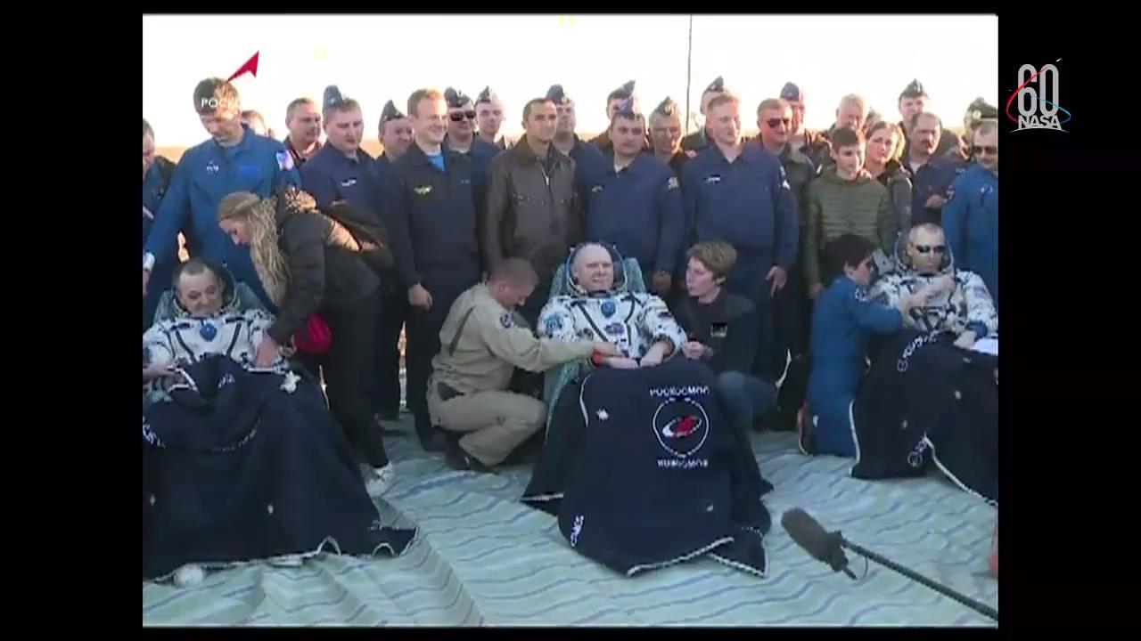 Members of the Expedition 56 crew, NASA astronauts Drew Feustel and Ricky Arnold, and cosmonaut Oleg Artemyev of the Russia