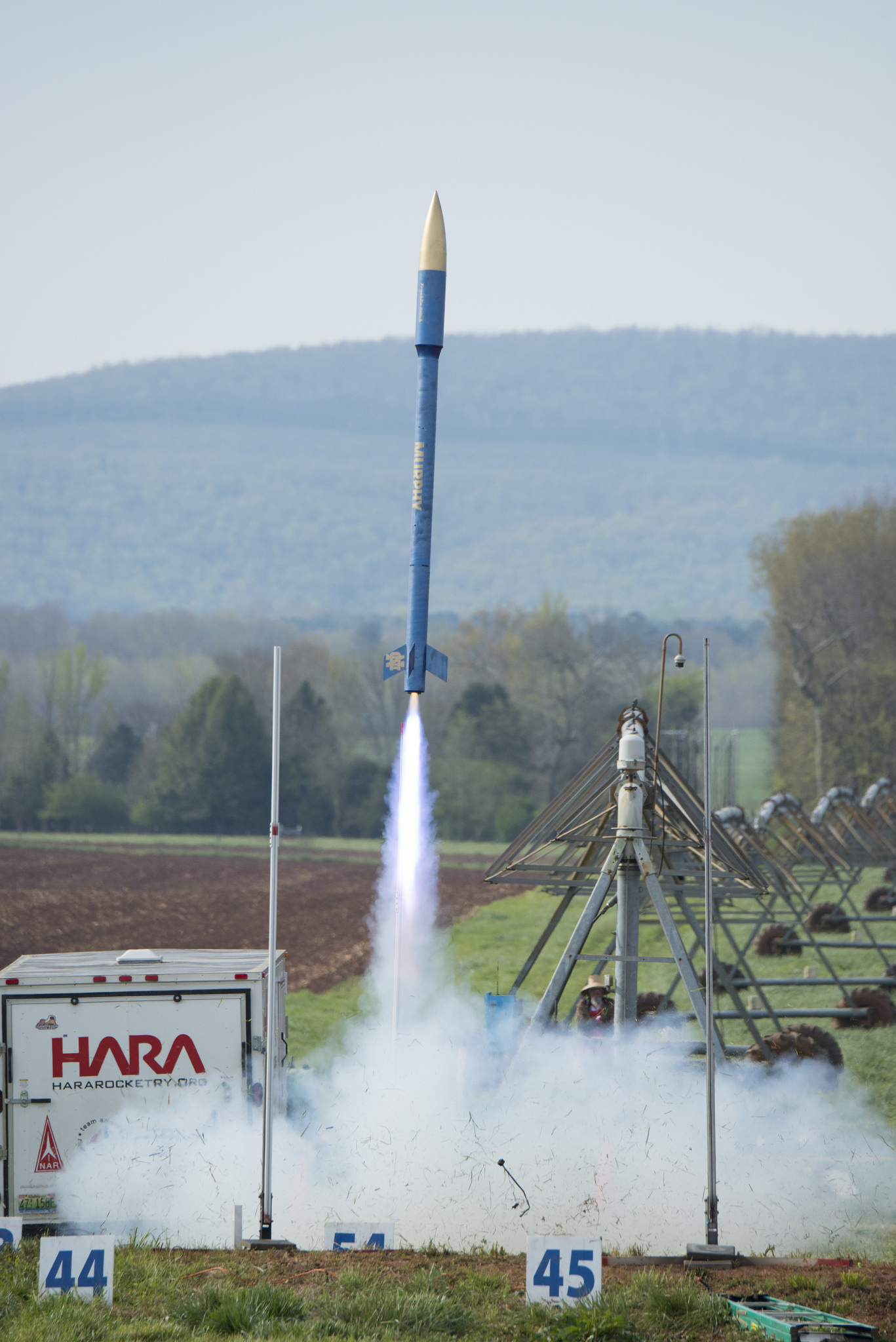 A high-powered amateur rocket takes off