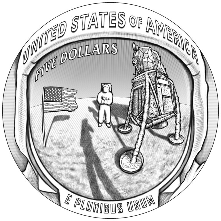 The reverse design features a representation of a close-up of the iconic photograph of astronaut Buzz Aldrin on the Moon.