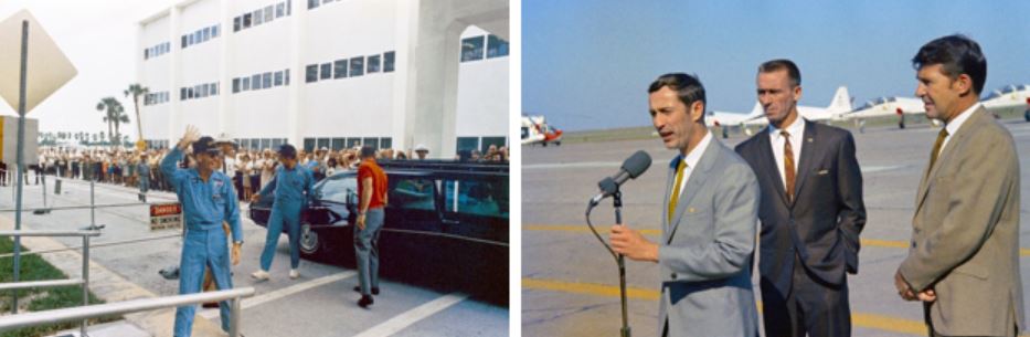Left: Apollo 7 astronauts returning to Kennedy Space Center (left to right) Cunningham, Schirra and Eisele mostly hidden by the limousine. Right: Apollo 7 crew upon their return to Ellington Air Force Base in Houston.
