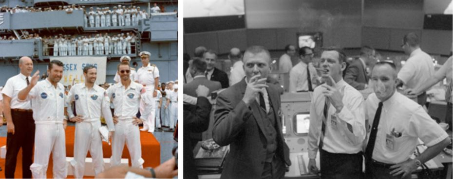 A collage of two photographs. Left: Apollo 7 crew of (left to right) Schirra, Eisele, and Cunningham on the deck of the prime recovery ship USS Essex. Right: Flight Directors (left to right) Kranz, Lunney, and Griffin smoking celebratory cigars in Mission Control after the successful splashdown of Apollo 7.