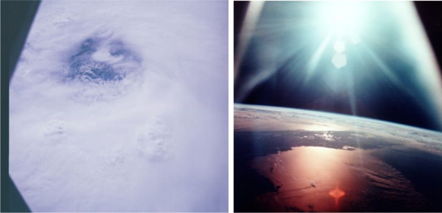 A two image collage. Left: View of the eye of Typhoon Gloria in the Pacific Ocean taken on the 10th day of the Apollo 7 mission. Right: View of the Gulf of Mexico taken on the 10th day of the Apollo 7 mission, a few days after Hurricane Gladys passed through the area