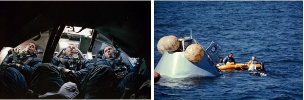 A collage of two photographs. Left: Apollo 8 astronauts (left to right) Anders, Lovell, and Borman inside the Apollo CM during the water egress training. Right: Apollo 8 astronauts after egressing from the CM onto life rafts