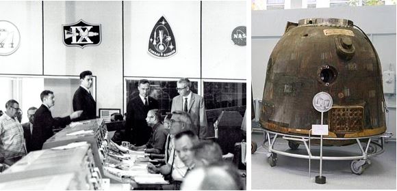 A collage of two photographs. Left: Flight Director Glynn Lunney (second from left) giving Beregovoy (left of center, under the Gemini IX patch) and Feoktistov (at right, wearing glasses) a tour of Mission Control in Houston. Right: Beregovoy’s Soyuz 3 capsule at the RKK Energiya Museum.beregovoy-mcc