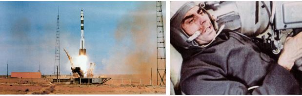 A collage of two photographs. Left: Launch of Soyuz 3 from the Baykonur Cosmodrome. Right: Beregovoy aboard Soyuz 3.