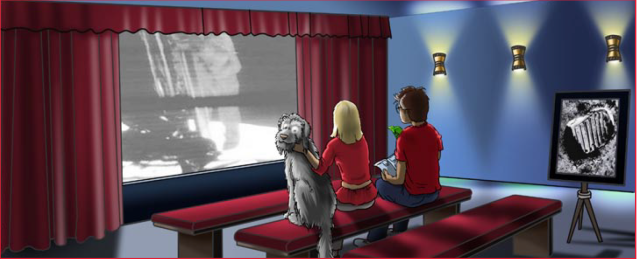 Two cartoon students sit in a theater watching the Moon landing on the screen