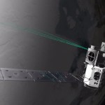 An artist's concept of the ICESat-2 spacecraft viewed from behind, looking downward toward Earth as it orbits above the surface. ICESat-2 looks like a slightly rounded box-shaped spacecraft with one long solar panel extended out from its left side. Most of the image is in grayscale, but three bright green laser beams point from the top of the spacecraft toward Earth's surface.