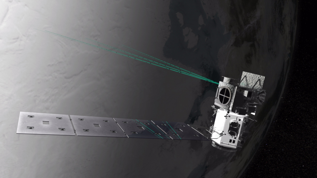 An artist's concept of the ICESat-2 spacecraft viewed from behind, looking downward toward Earth as it orbits above the surface. ICESat-2 looks like a slightly rounded box-shaped spacecraft with one long solar panel extended out from its left side. Most of the image is in grayscale, but three bright green laser beams point from the top of the spacecraft toward Earth's surface.