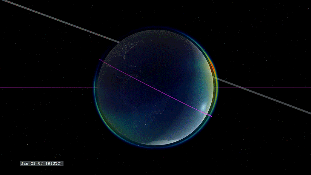 Animation depicting ICON's orbit of Earth. ICON's orbit is a purple circle around Earth, that changes with each pass, so the angle shifts covering a different part of Earth each time. Airglow on Earth is represented by loose swirls of orange and yellow light undulating across Earth.